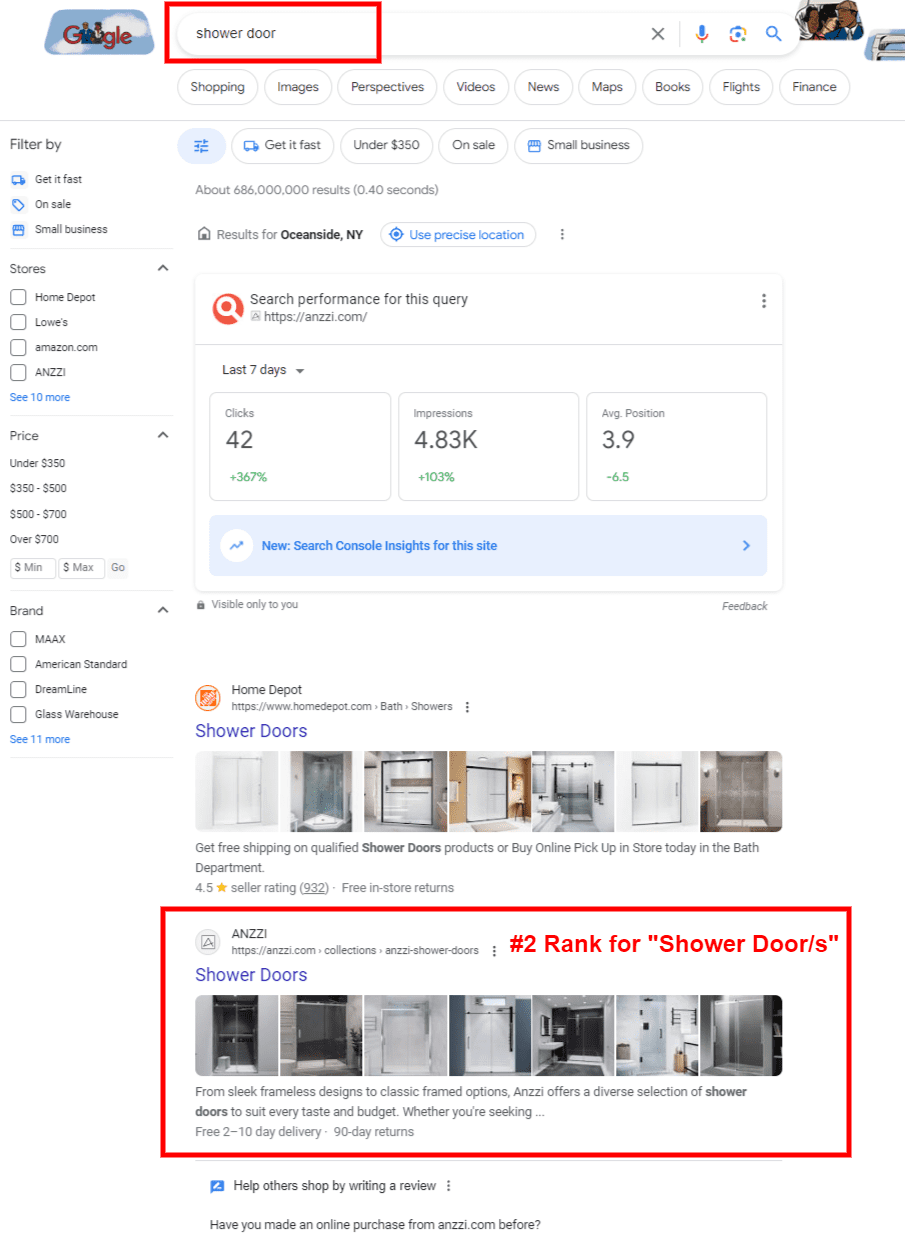 Case Study: #2 Google Ranking for ‘Shower Doors’ (Ecommerce)