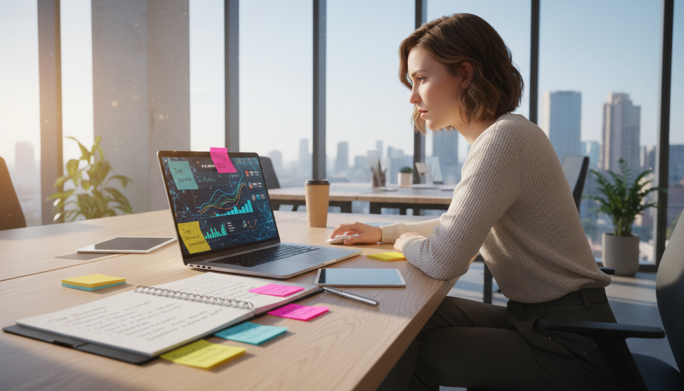 A professional workspace showcasing the concept of "AI SEO." In the foreground, a sleek laptop displays a vibrant analytics dashboard, depicting traffic graphs and AI algorithms. Beside it, a notebook filled with SEO strategies lies open, with colorful sticky notes scattered around. In the middle, a focused business professional in smart casual attire analyzes data, possibly a woman with short brown hair, looking at the screen intently. The background features a modern office with large windows, allowing natural light to flood the space, creating a bright and energetic atmosphere. The overall mood is one of innovation and determination, symbolizing growth and the future of digital marketing. The composition is shot from a slight angle, emphasizing both the vibrant details of the desk setup and the professional's engaged expression.