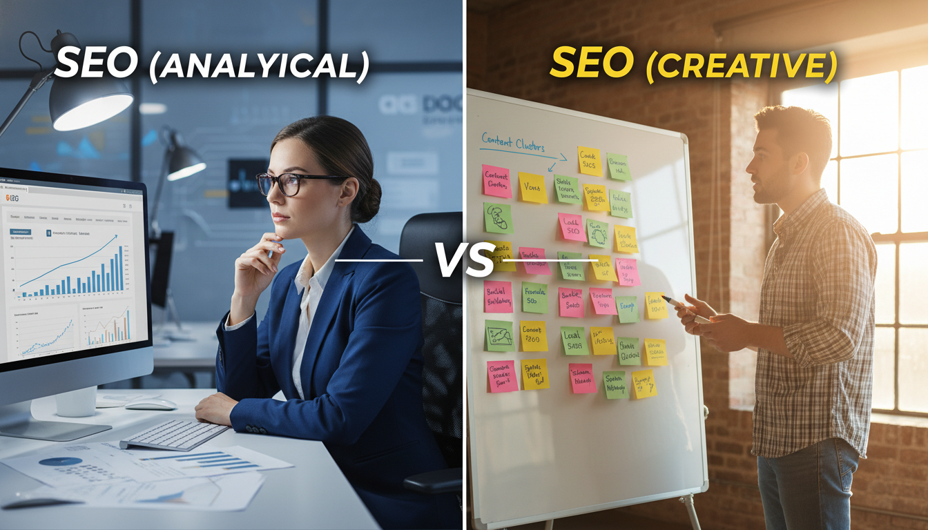 A split-screen visual representing "SEO vs SEO," with each side showcasing different strategies. On the left, an office environment with a professional woman in business attire analyzing website analytics on her computer, surrounded by charts and graphs depicting keyword rankings and traffic statistics. The mood is focused and analytical, with soft blue lighting enhancing a sense of professionalism. On the right, a more casual setting featuring a male SEO expert in smart-casual wear brainstorming ideas on a whiteboard filled with colorful sticky notes and diagrams illustrating various SEO techniques. Dynamic natural lighting pours in through a window, adding an energetic feel to the scene. The background blends elements of digital technology and marketing, creating a balanced composition that highlights the duality of SEO approaches.