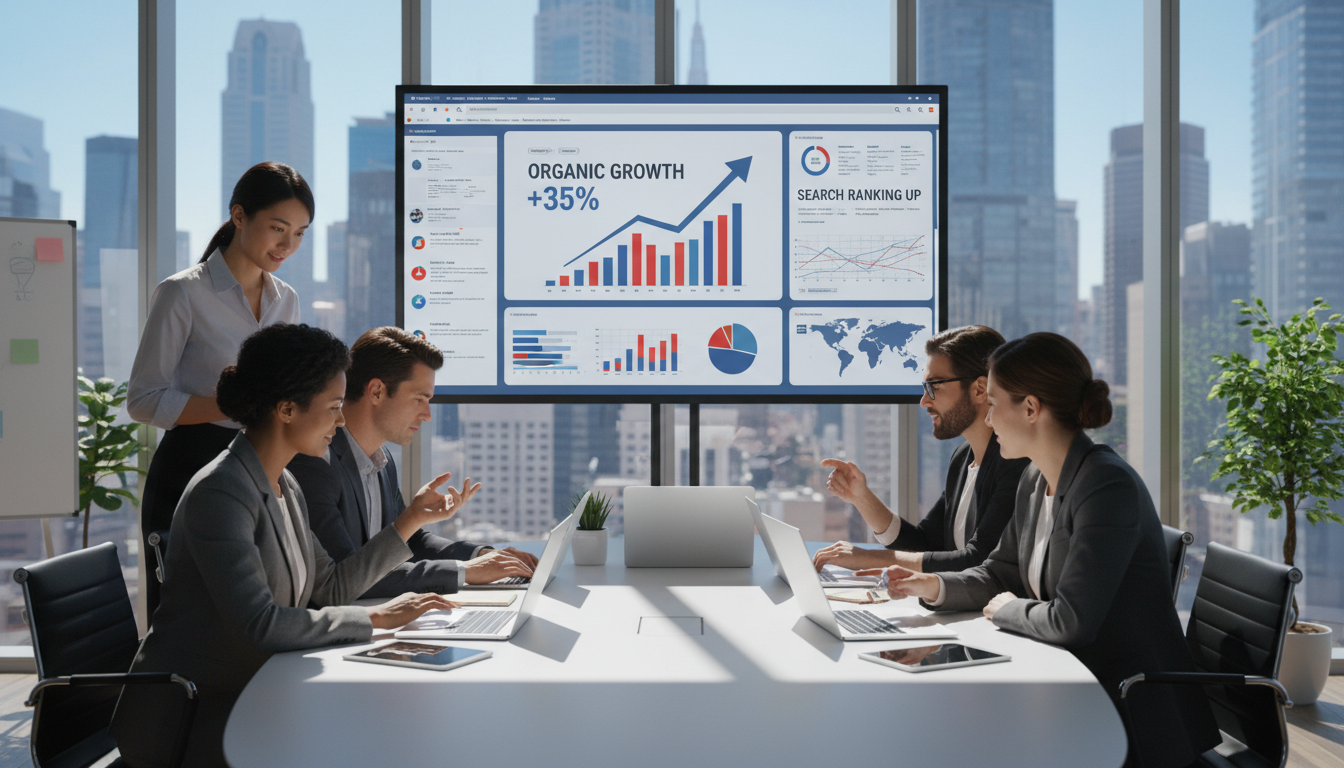 A vibrant and dynamic office environment representing SEO marketing in the United States. In the foreground, a diverse group of professionals in smart business attire huddles around a modern conference table, analyzing charts and graphs on laptops and digital tablets. In the middle ground, a large screen displays SEO analytics and growth trends. The background features large windows with a city skyline visible, symbolizing business success. Bright, natural lighting floods the room, creating an energetic atmosphere. The angle should be slightly elevated, capturing both the team’s engagement and the expansive view, evoking a sense of innovation and collaboration in the digital marketing sphere.