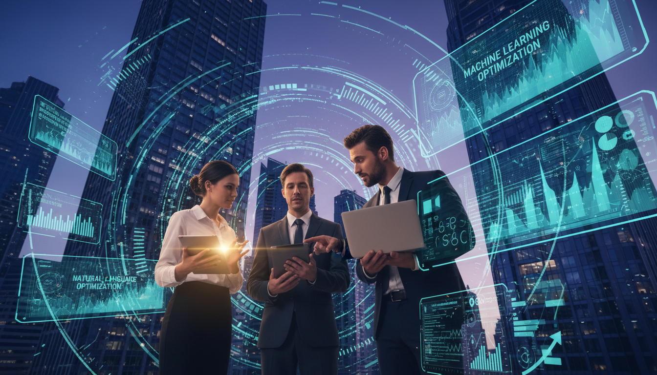 A visually striking composition illustrating "SEO for AI" in a modern digital landscape. In the foreground, a diverse group of professionals in business attire, including a woman analyzing data on a tablet and a man discussing strategies with a laptop open, symbolize collaboration. In the middle, dynamic visual elements like graphs, charts, and glowing lines of code swirl around them, representing data flow and analytics. The background features a futuristic city skyline with large digital screens displaying AI-related keywords and statistics, set against a twilight sky filled with a gradient of deep blue and purple hues, creating a tech-savvy yet inviting atmosphere. Soft, dramatic lighting highlights the professionals and the digital elements, adding depth; the angle is slightly upward, emphasizing growth and innovation in digital marketing.