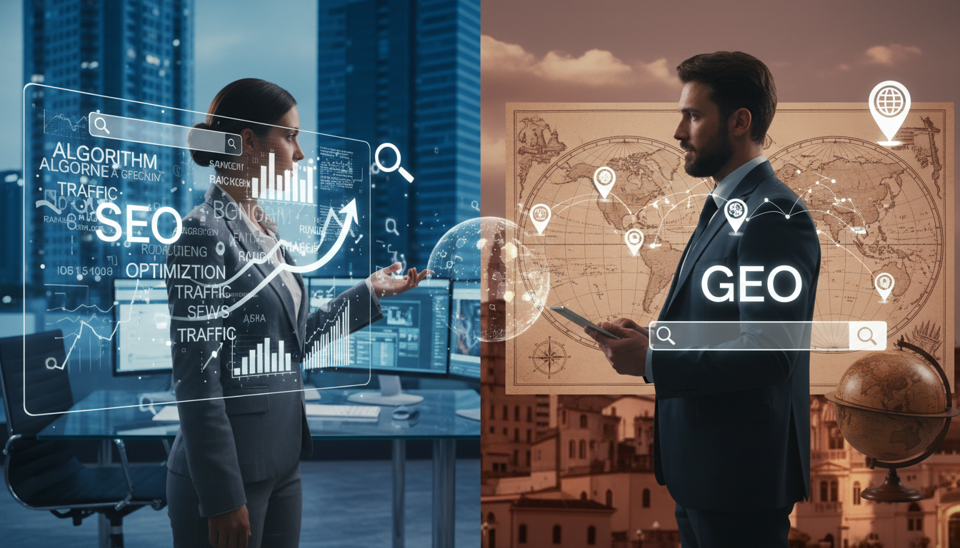 Create a dynamic and visually striking image that contrasts the concepts of SEO and GEO. In the foreground, depict two professional individuals engaged in a lively debate; one representing SEO, characterized by a modern office setting with digital data visuals, graphs, and keywords around them. The other, representing GEO, stands in front of a map with location pins and geographical icons. In the middle ground, include subtle digital elements that signify search engines and geographical mapping. The background should showcase a blend of skyscrapers and local landmarks to embody the urban setting. Use bright, engaging lighting with a slightly balanced cool and warm tone to evoke a sense of professionalism. Capture the atmosphere of insightful discussion and thoughtful comparison without any text or overlays.