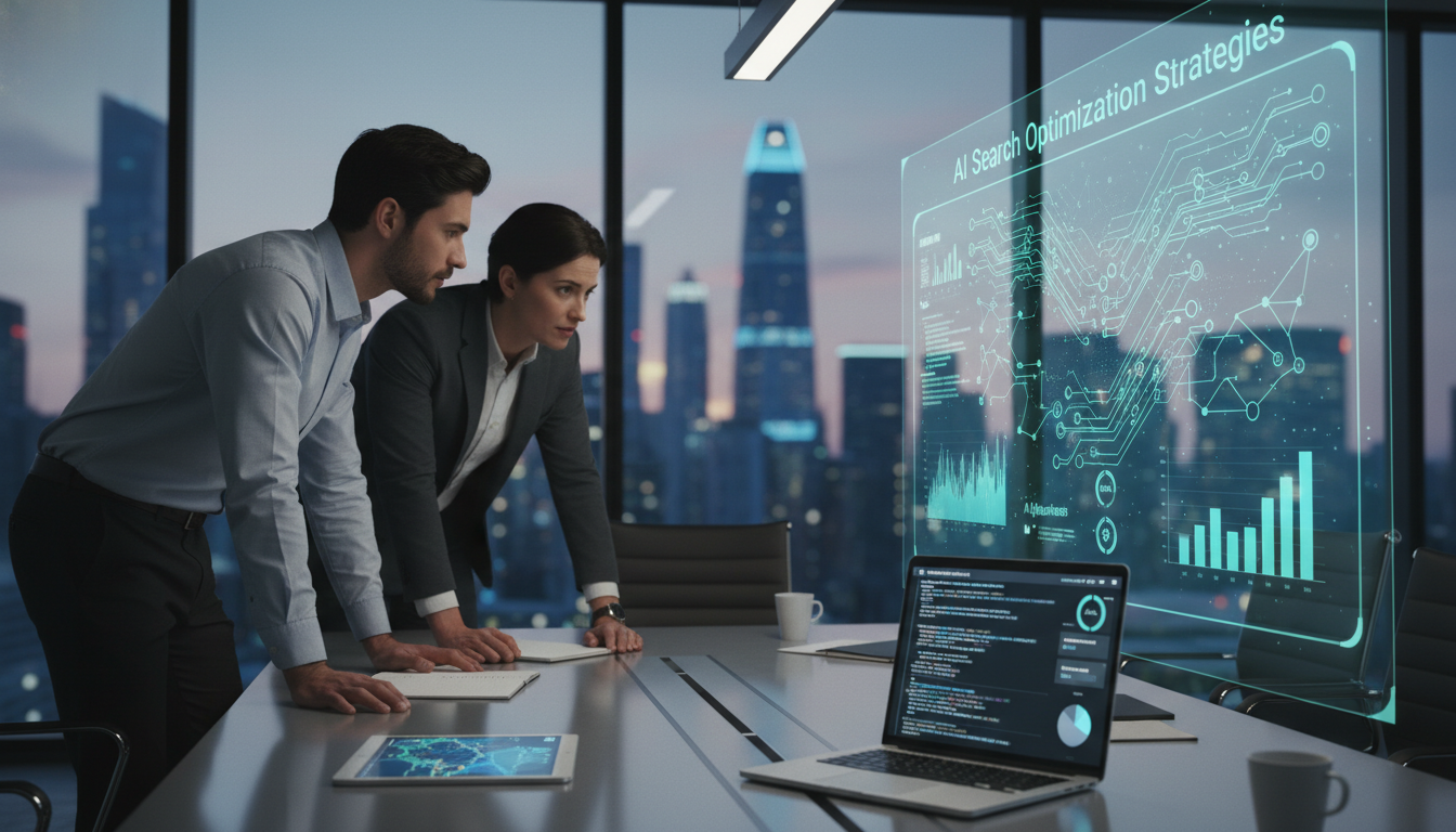 In a modern office setting, a diverse group of three professionals, two men and one woman, is gathered around a sleek, high-tech conference table. They are intensely focused on a large digital screen displaying complex graphs and data related to AI search optimization strategies. The foreground features a laptop with open analytical tools and AI algorithms. In the middle, a digital screen projects vibrant visuals of search engine algorithms and abstract data patterns, symbolizing optimization. The background showcases a city skyline through a glass wall, hinting at a tech-forward environment. Soft, focused lighting highlights the team’s engaged expressions, creating a productive and innovative atmosphere, emphasizing collaboration and mastery over AI search techniques.